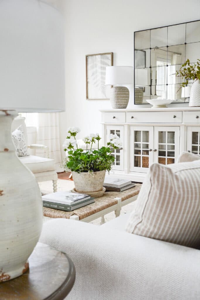 a rush top bench used as a coffee table