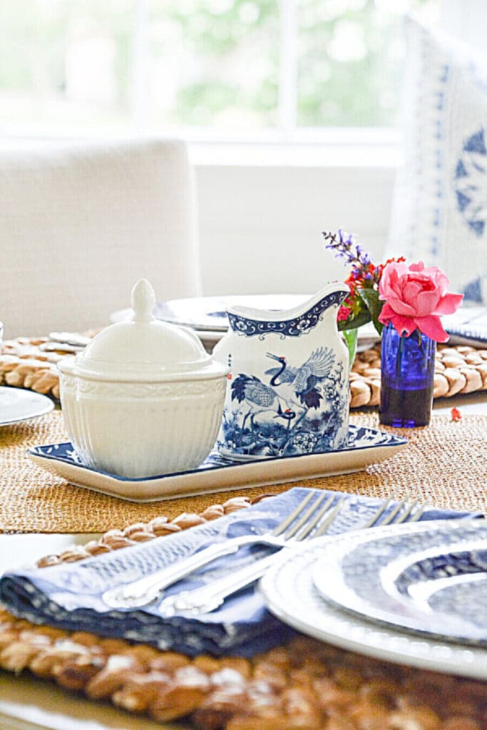 blue and white table- on the menu