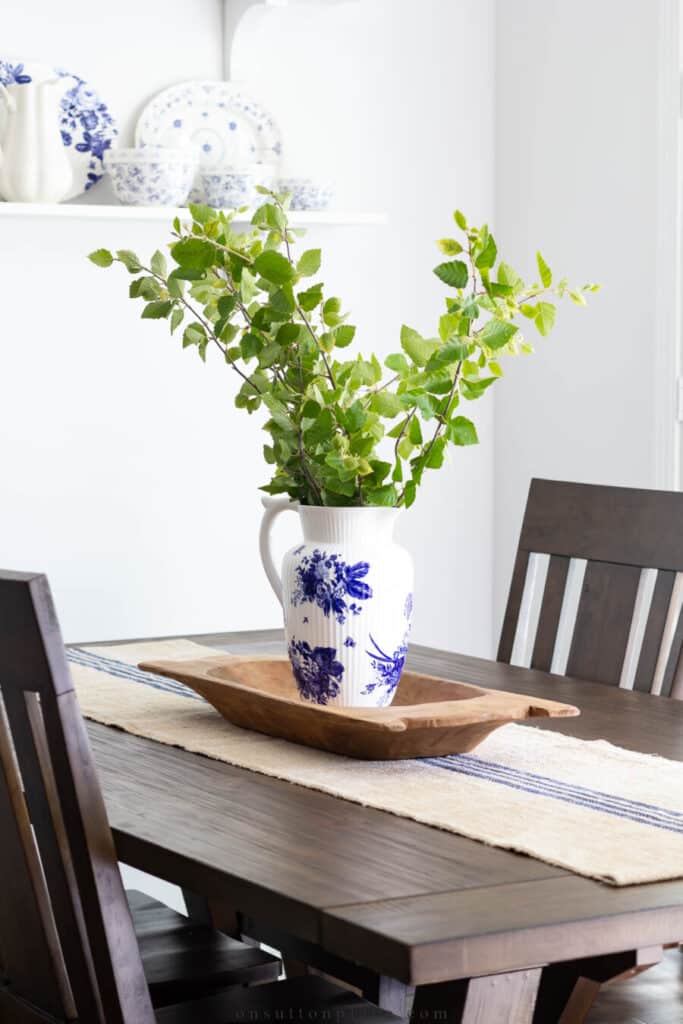 grain sack runner on a kitchen table