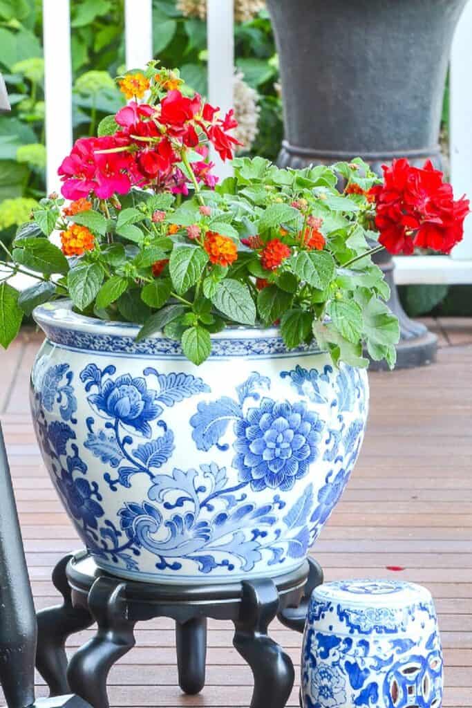 red geraniums and orange lantana planted in a blue and white chinoiserie fishbowl planter on a porch