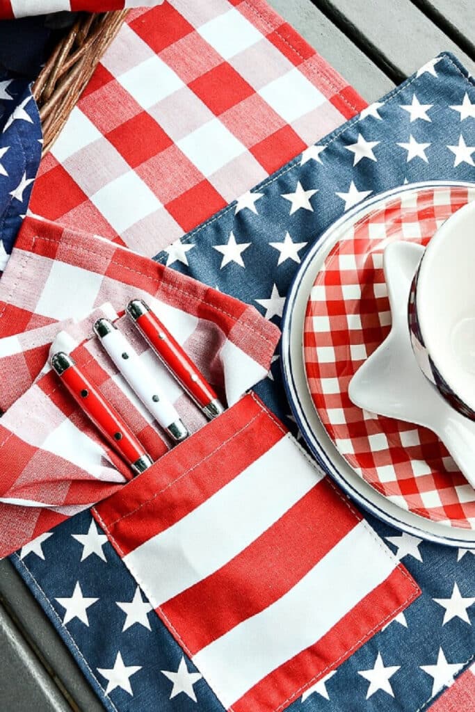 red, white and blue dinnerware and linens
