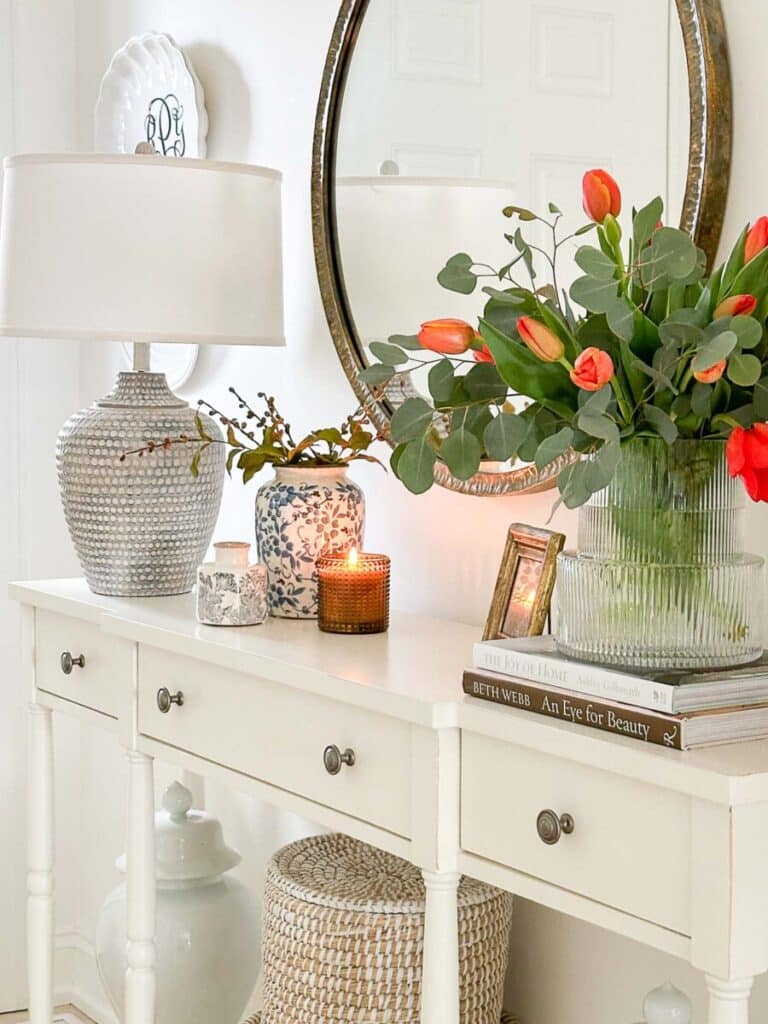 foyer table with tulips on it