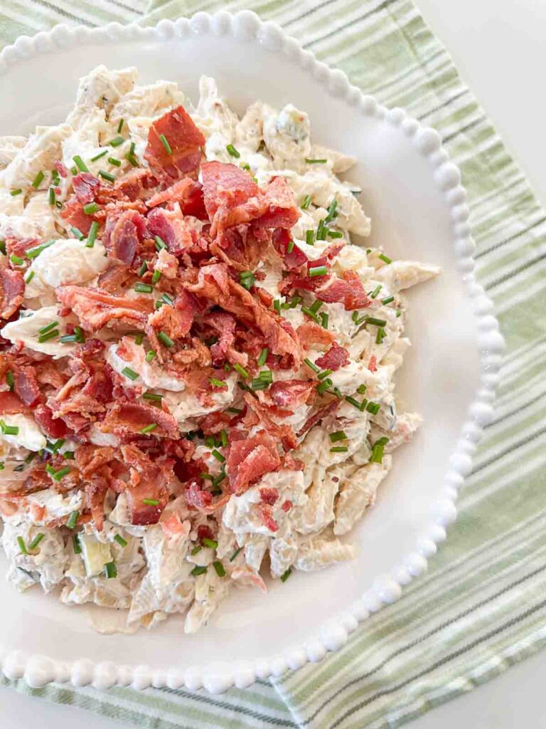 Bacon Ranch Pasta Salad- bacon topped pasta salad