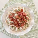 pasta salad in a white bowl