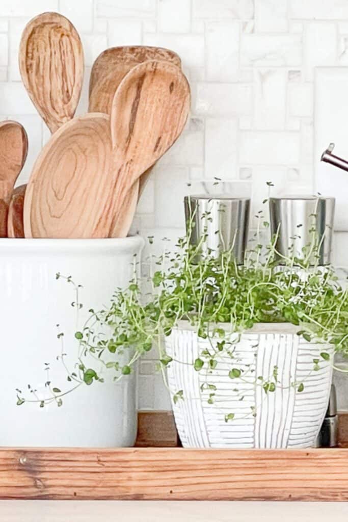 simple kitchen ideas using wooden utensils and a potted herb plant on a kitchen counter for natural decor