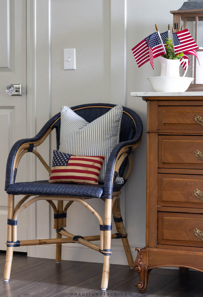 patriotic decor on a chest and a chair