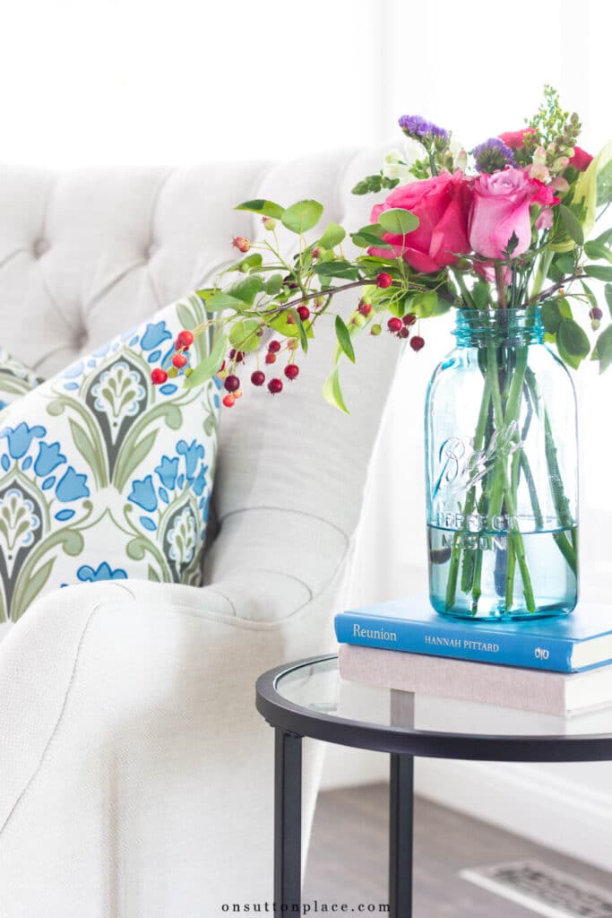 flowers next to a chair