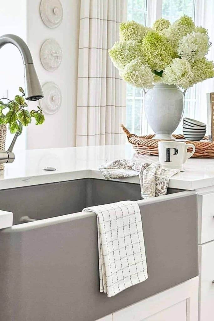 hydrangeas as part of a kitchen counter vignette