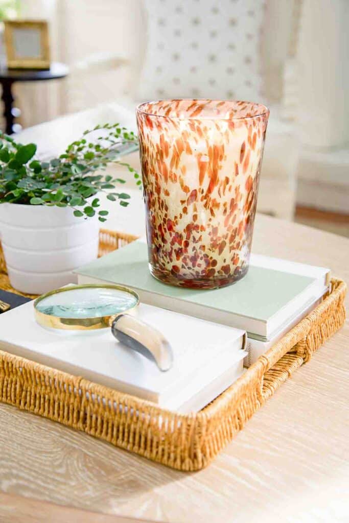 coffee table with books and a tortoise shell candle
