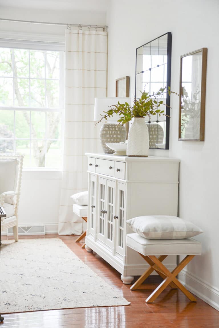 white buffet with repeated elements.