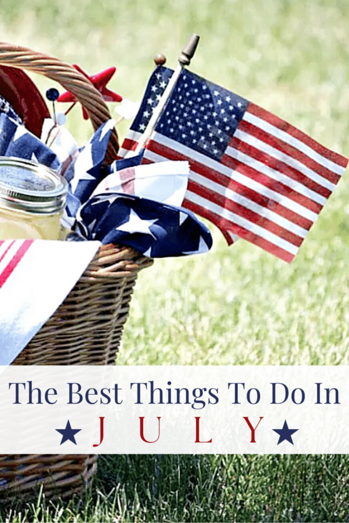pin- basket of picnic goodies with American Flags