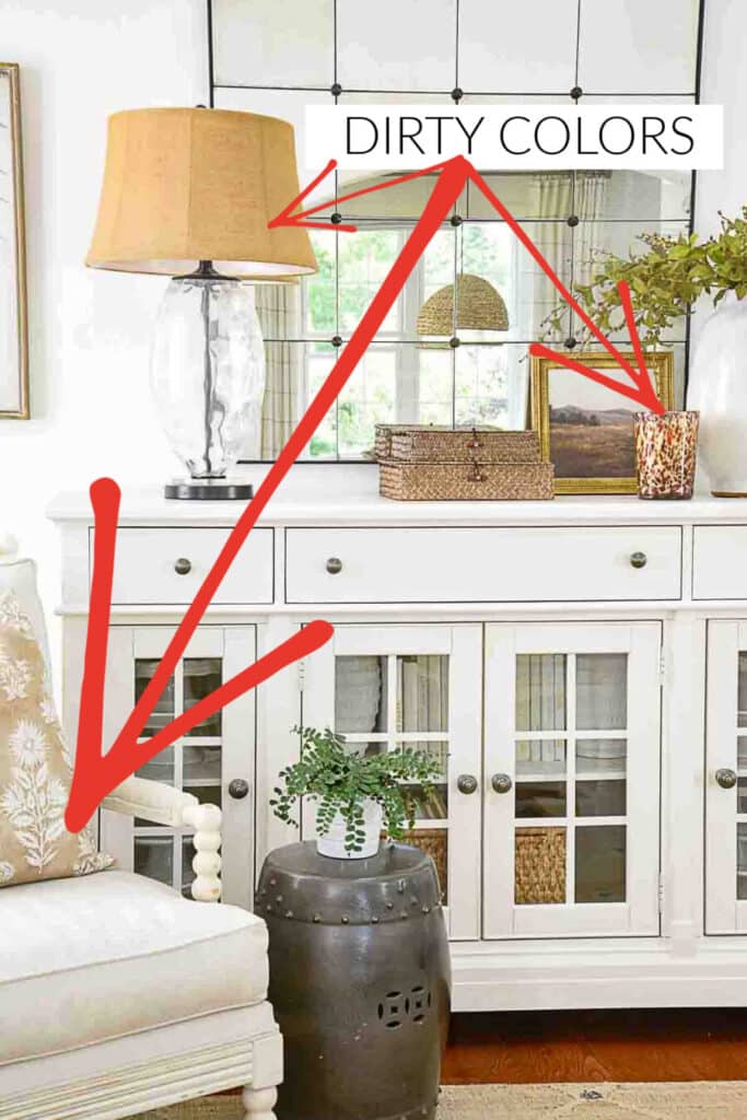 ITEMS ON THE WHITE BUFFET THAT ARE EXAMPLES OF DIRTY COLORS