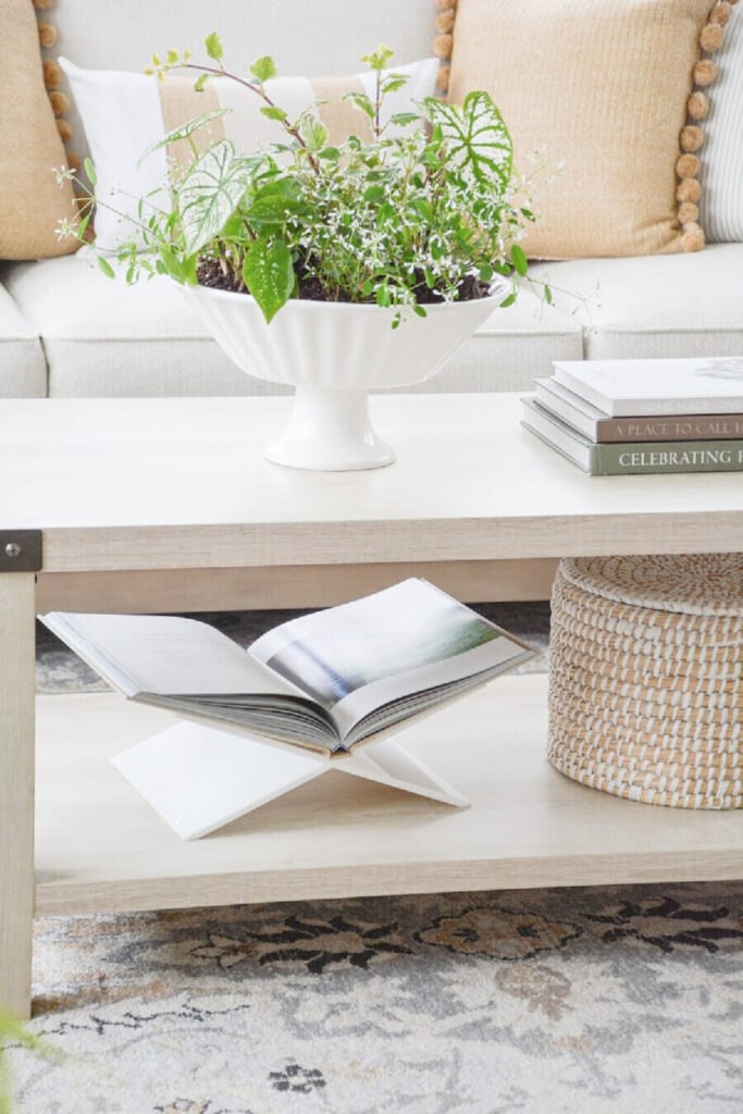 a coffee table with a plant, books and a basket- example of scale and proportion