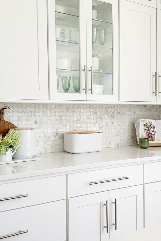 kitchen counter and glass cabinet