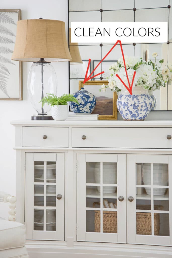 ITEMS ON THE WHITE BUFFET THAT ARE EXAMPLES OF CLEAN COLORS