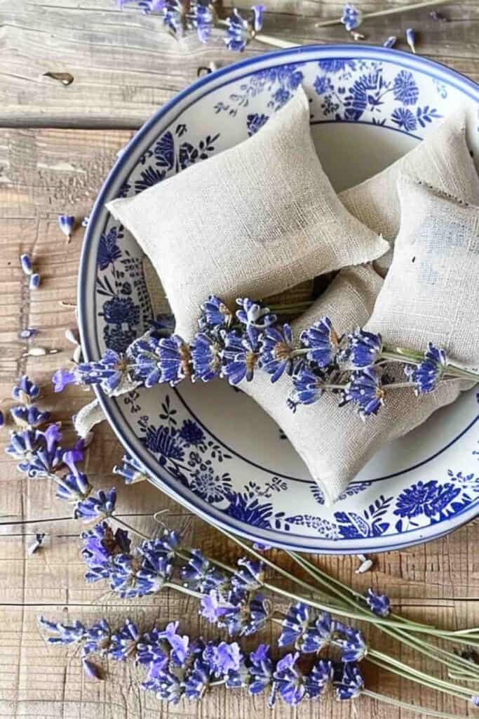 Blue and white chinoiserie bowl filled with linen lavender sachets and sprigs of dried lavender on a rustic wood table
