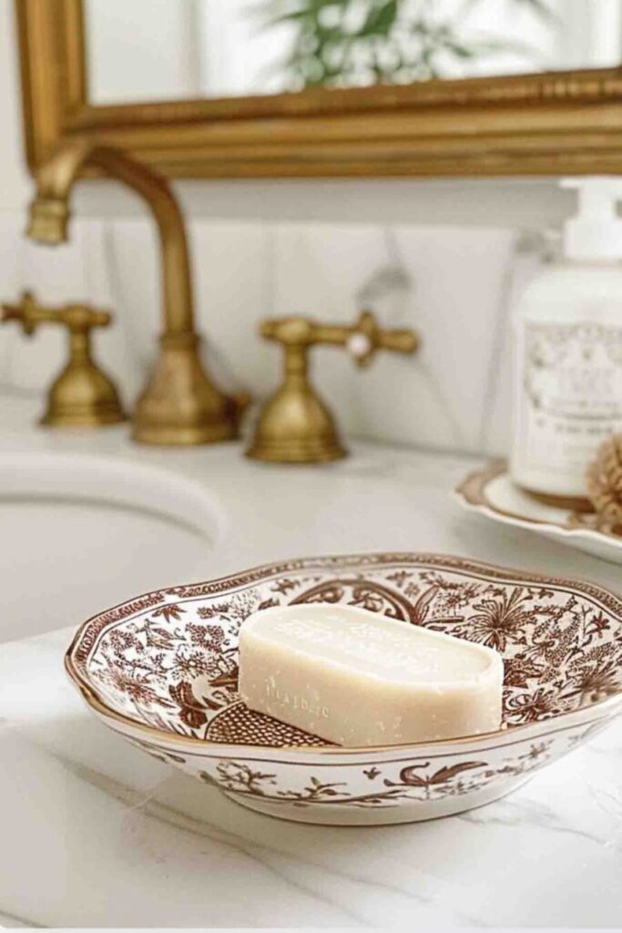 Bar soap in a brown transferware dish on a bathroom counter for late summer scent