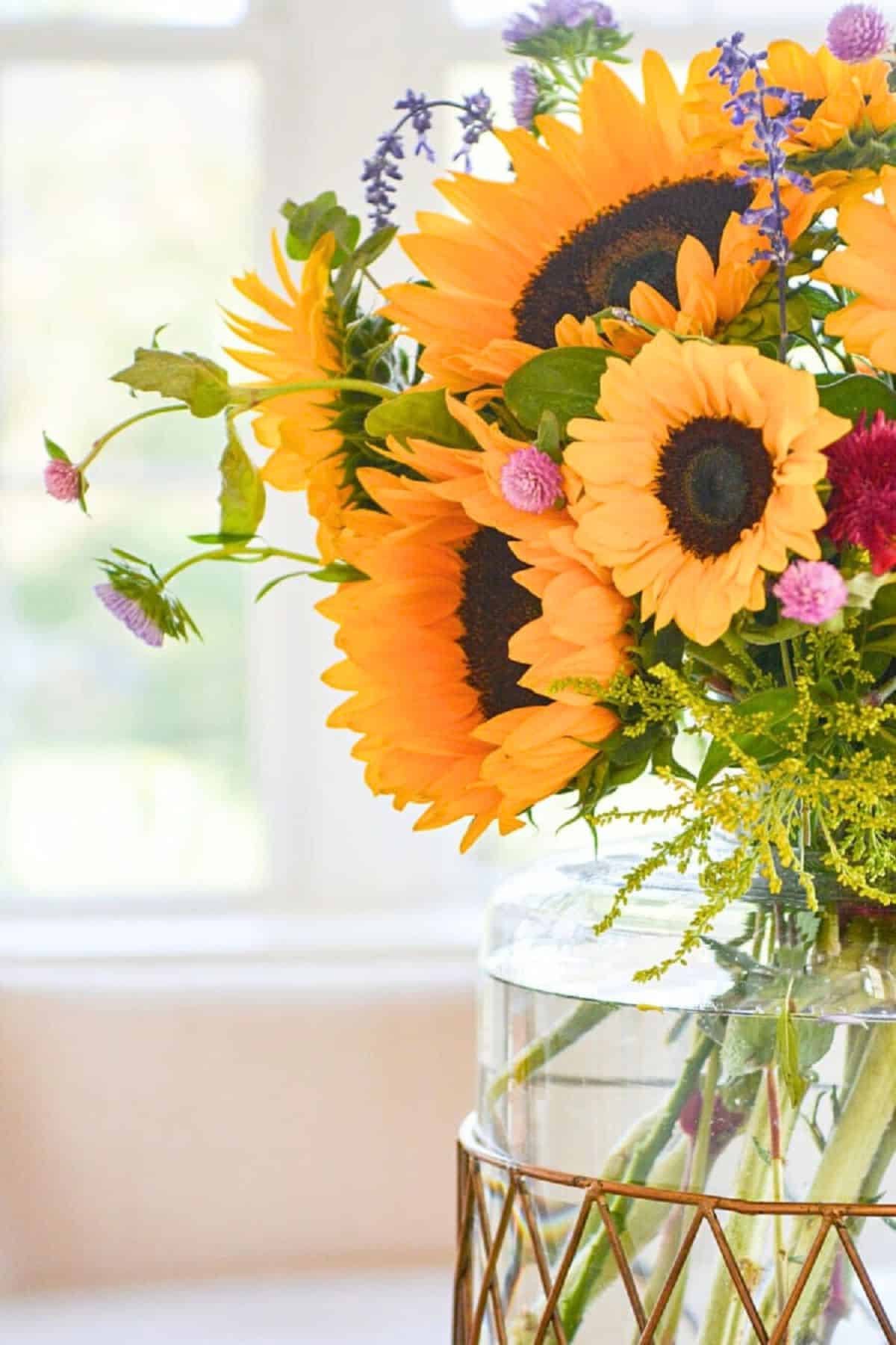 Sunflower arrangement in a glass vase for late summer decorating