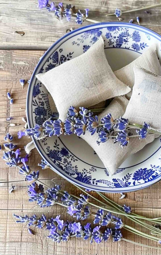 lavender sachets in a blue and white bowl