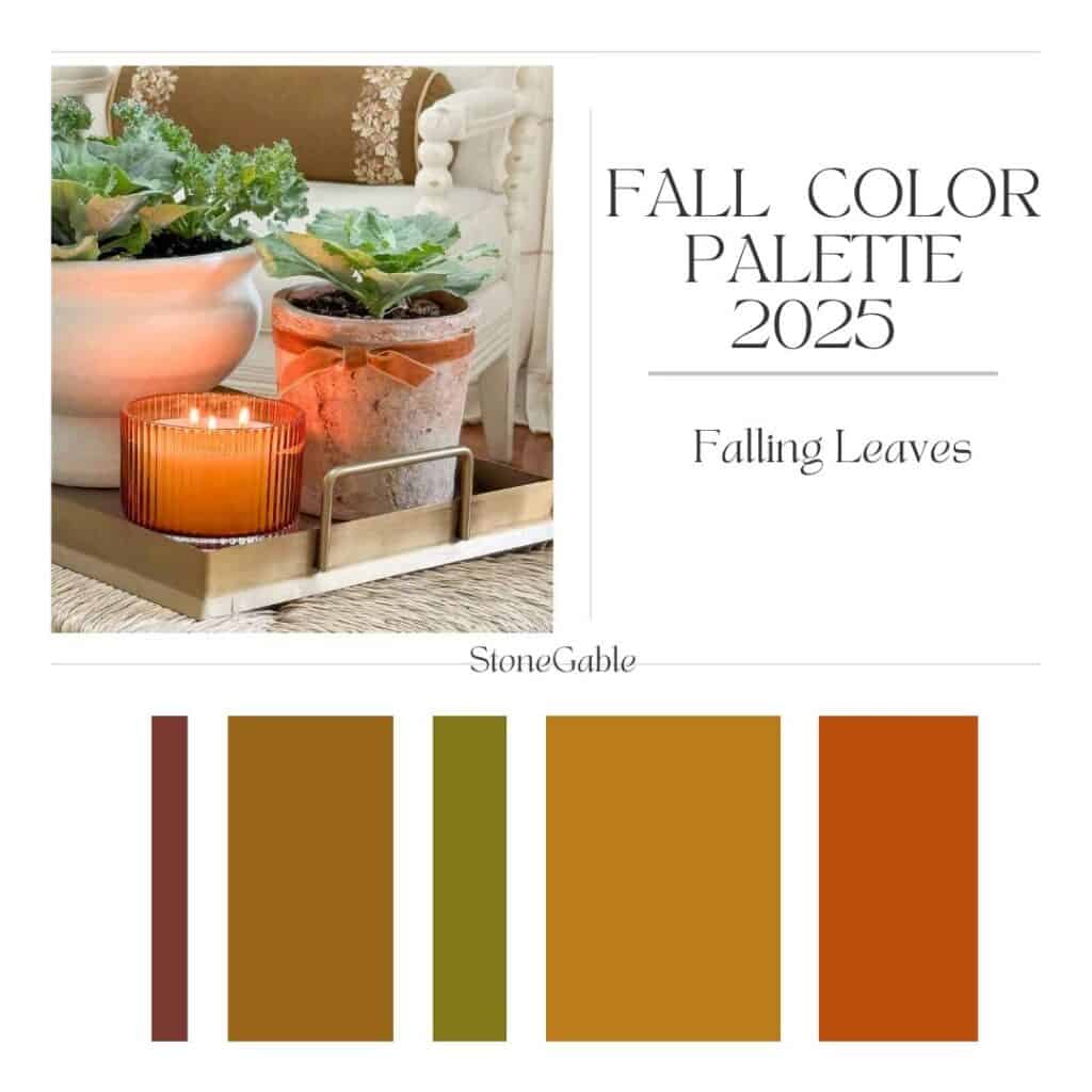 Fall color palette 2025 called Falling Leaves with warm neutrals, rust, gold, and olive green shown with cozy fall decor on a tray.