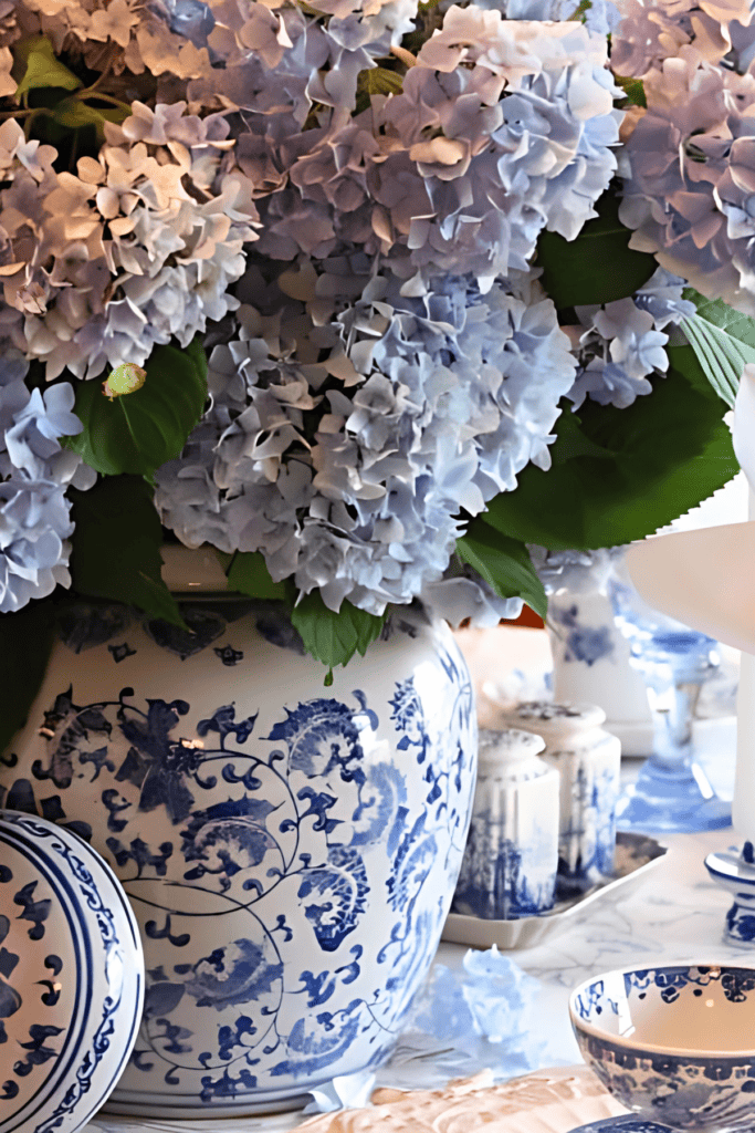 BLUE HYDRANGEAS IN A GINGER JAR