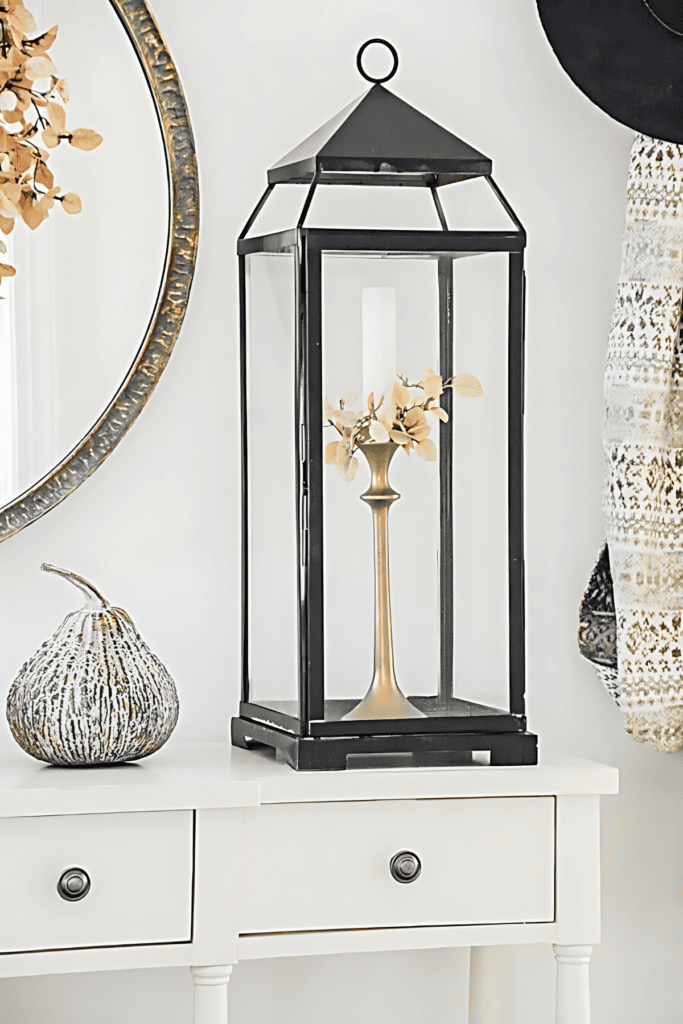 large black lantern with a candlestick in it