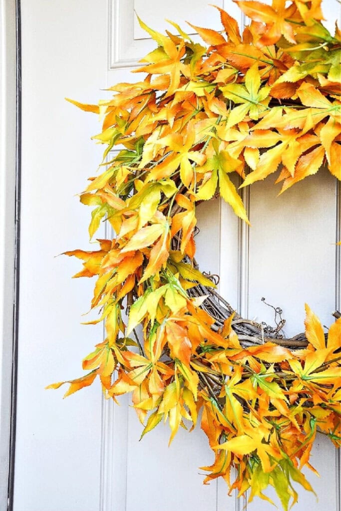 fall leaf wreath on a front door.