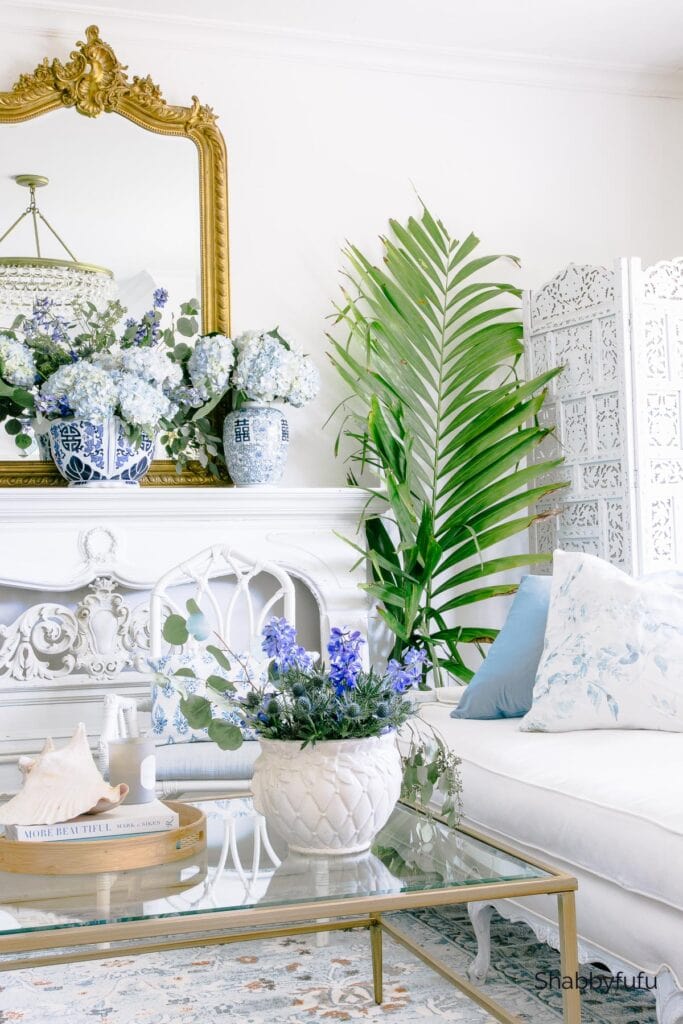 living room with blue and green accents