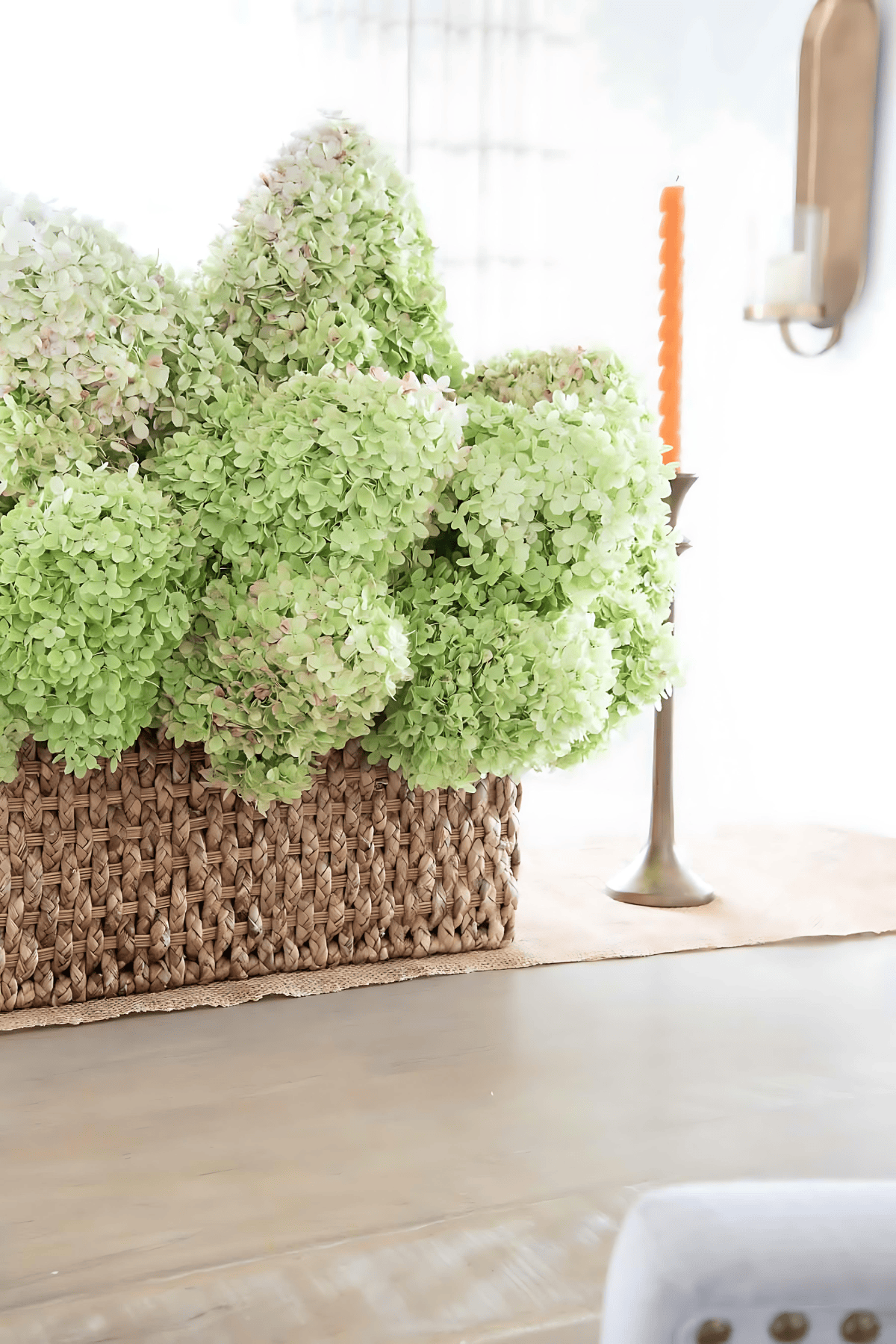 basket of hydrangeas on a dining room table