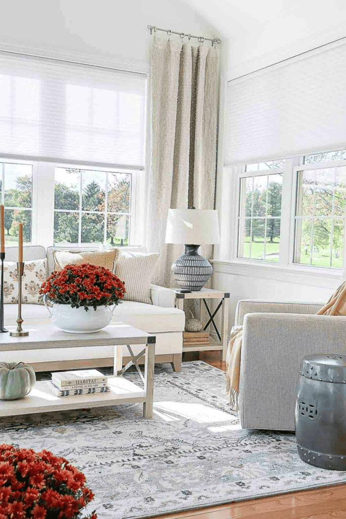 MUMS IN A WHITE POTTERY CONTAINER ON A COFFEE TABLE