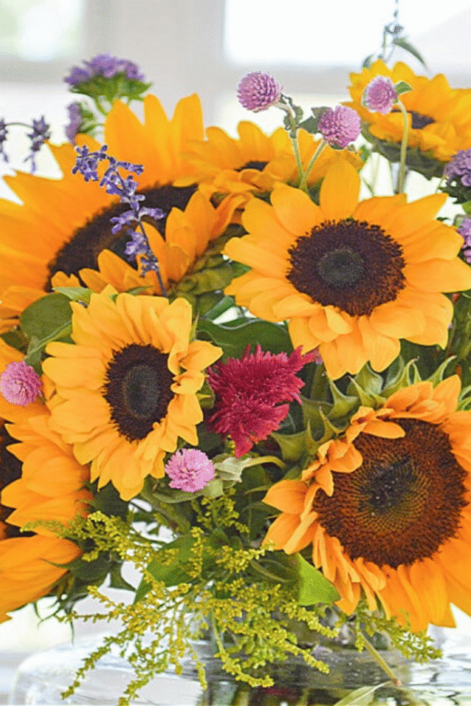 CLOSE UP OF A BOUQUET OF SUNFLOWERS