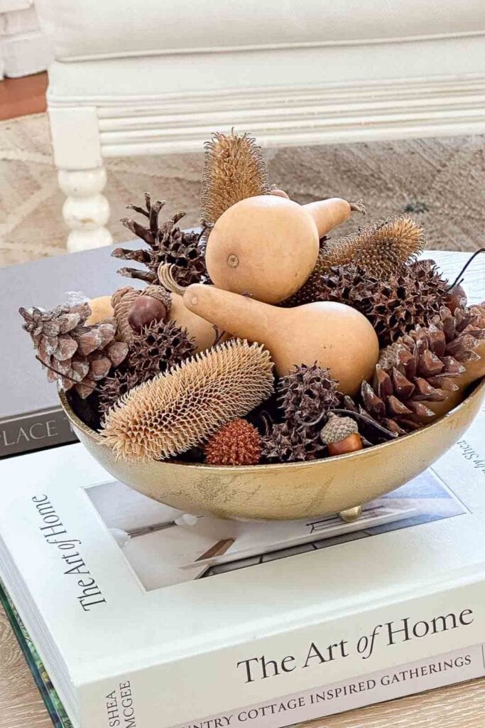 Budget friendly fall decorating idea with natural elements like pinecones, gourds, and seed pods in a gold bowl on stacked books.