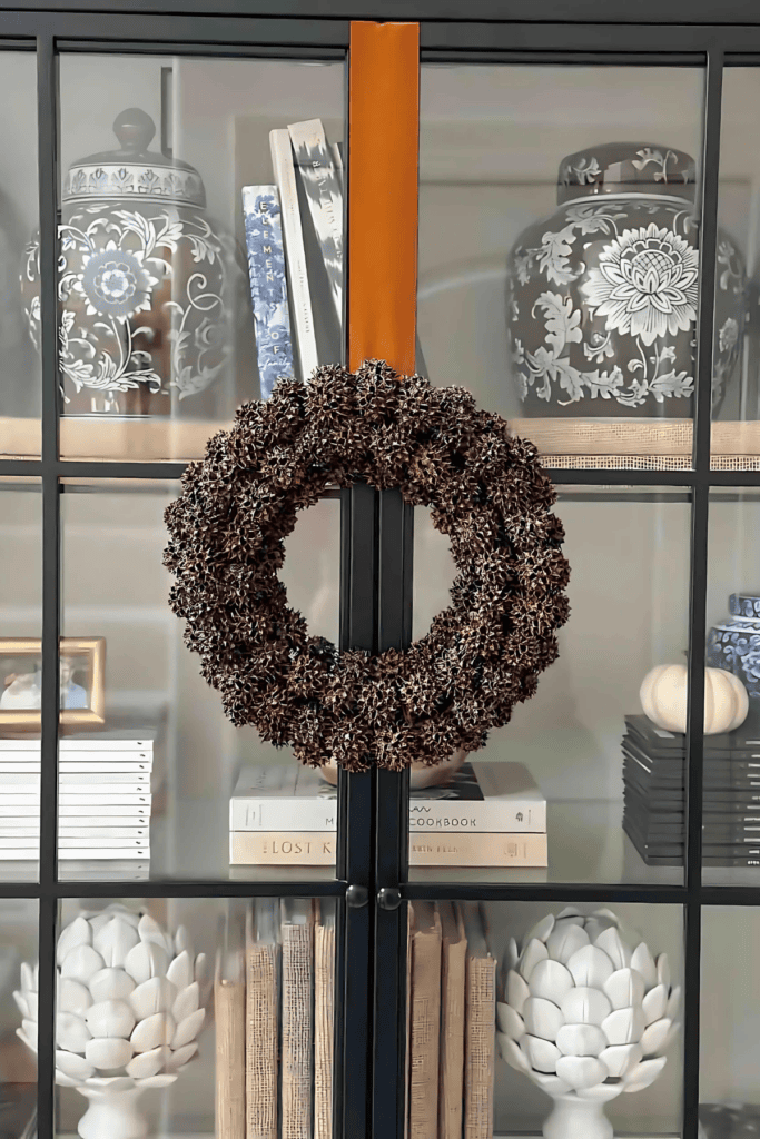 SWEET GUM BALL WREATH HANGING ON A COPPER RIBBON