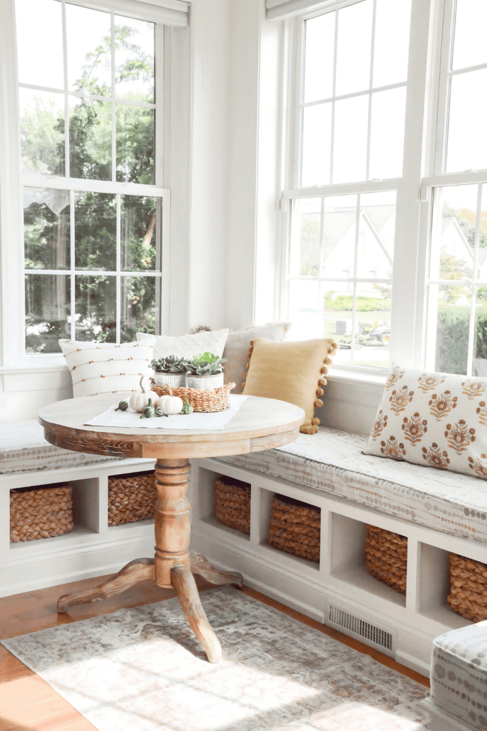 fall pillows on a banquette