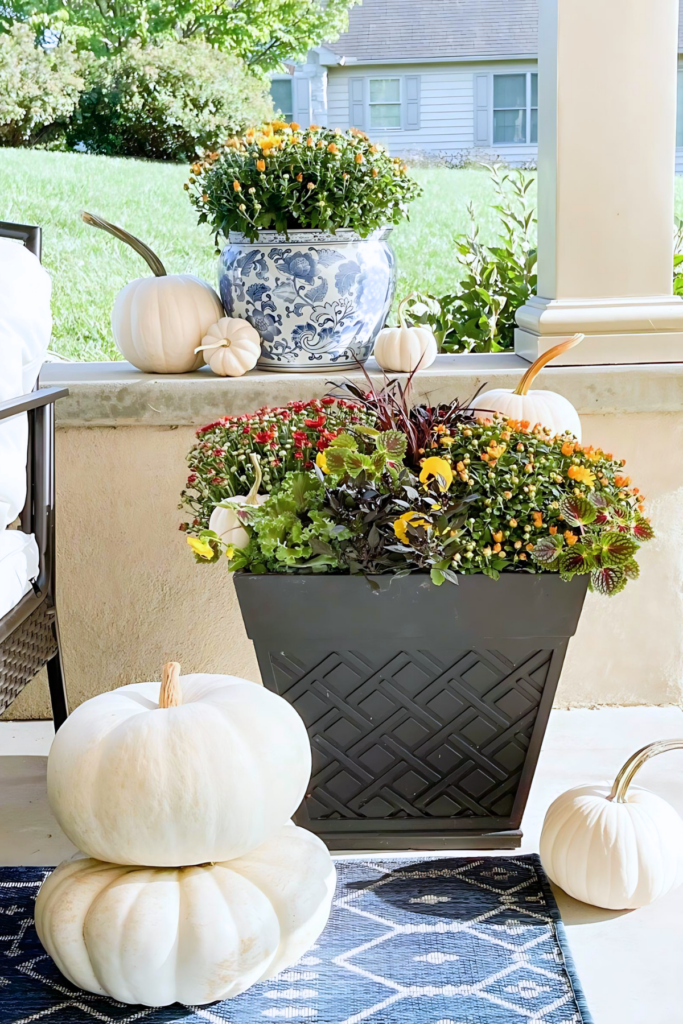 fall planters on a patio