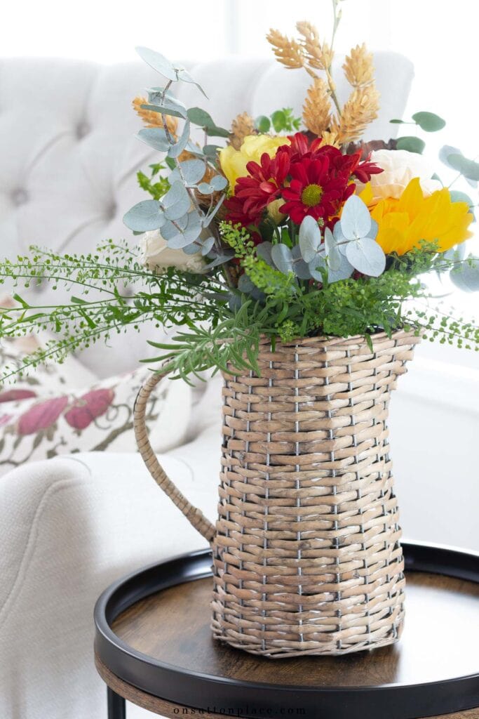 fall flowers in a wicker vase