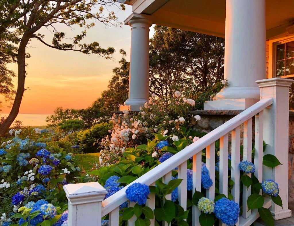 porch on a home with hydrangeas