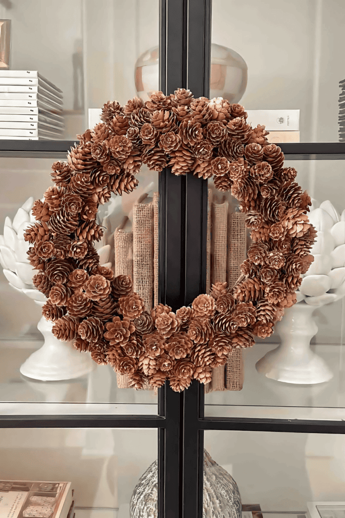 MINI PINECONE WREATH HANGING ON A GLASS DOOR