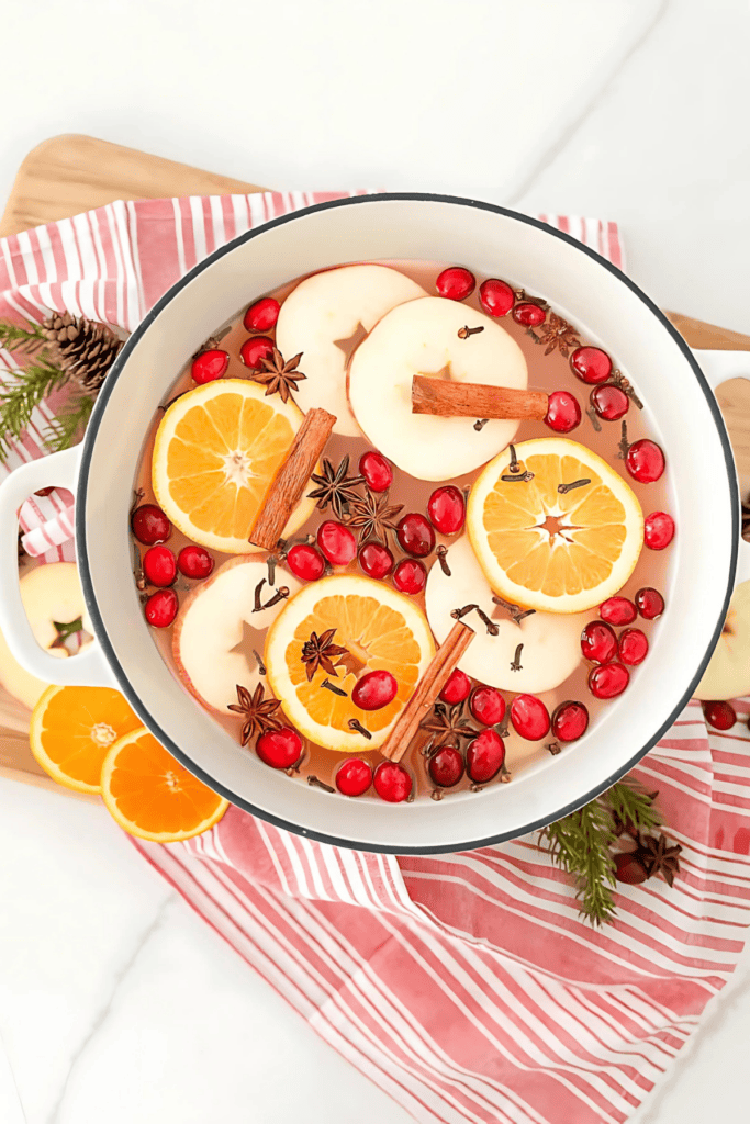 mulled cider in a white Dutch oven