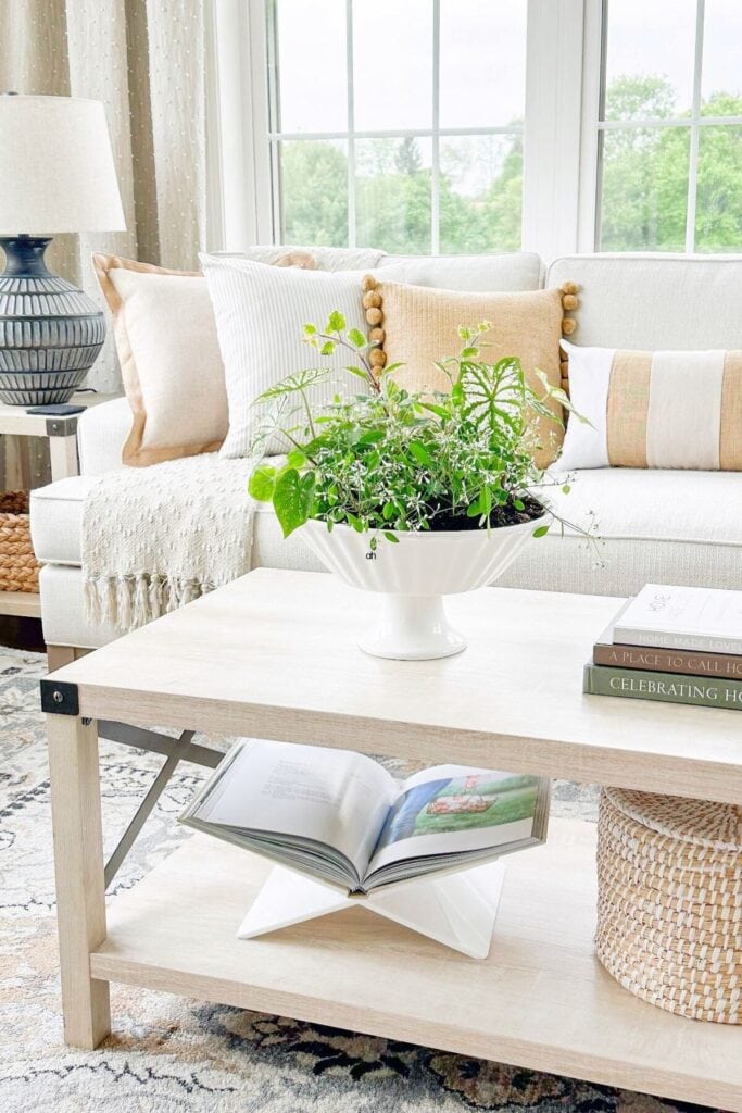 simple coffee table with plant, candle, and tray styled in an organized and clutter free way