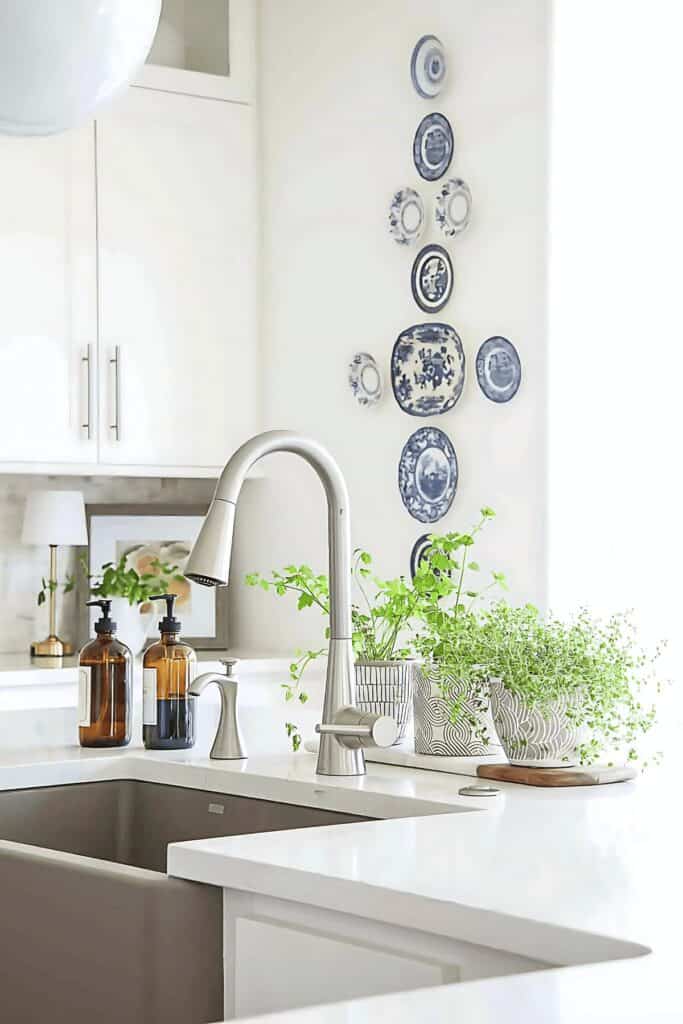 clean and organized kitchen sink area with soap dispensers, herbs, and uncluttered white countertops