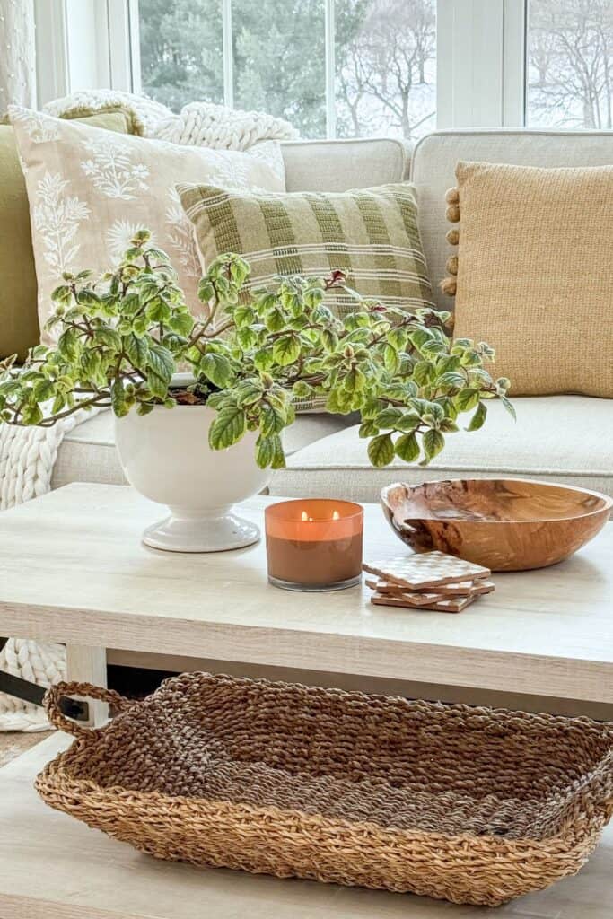 Coffee table styled with a white planter of greenery, a candle, a wooden bowl, and a woven tray for a calm, uncluttered look