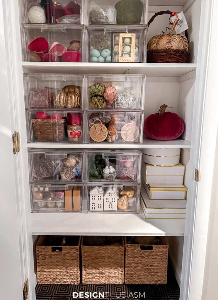organized closet with Christmas decor