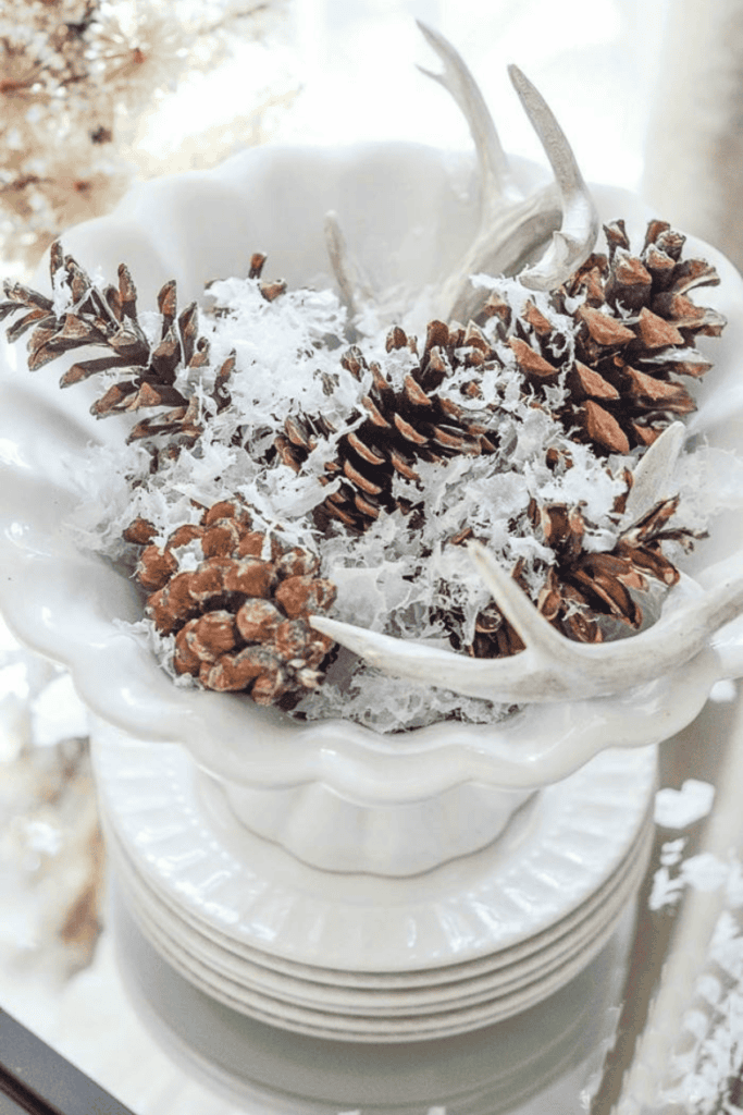 a bowl of pinecones, deer sheds and faux snow