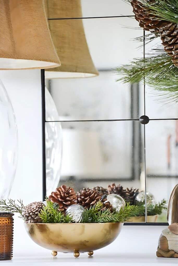 pinecones in a gold bowl