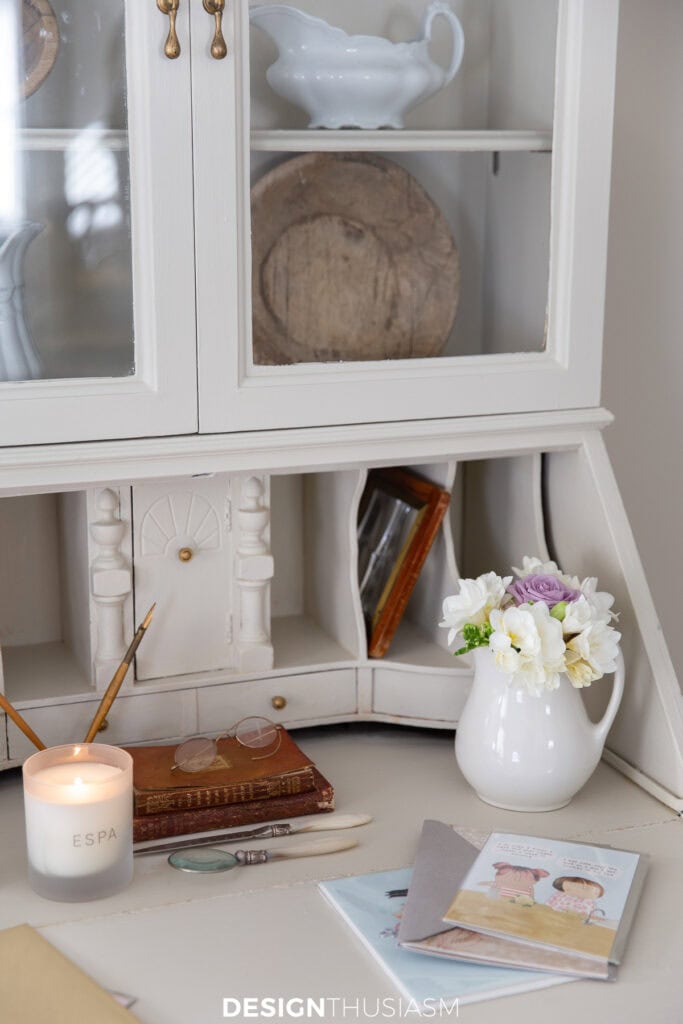 beautiful white secretary desk organized