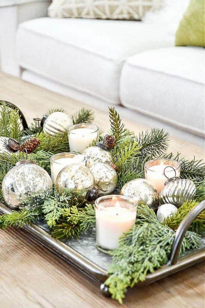 Pretty Christmas arrangement on a metal tray