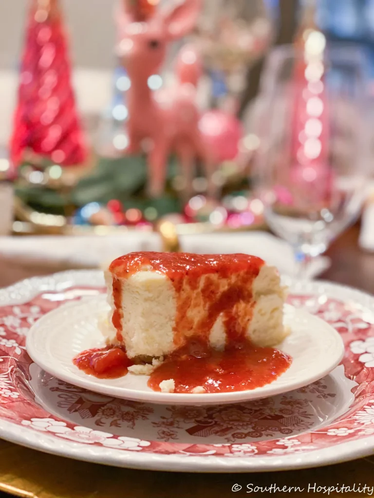 a slice of delicious Italian cheesecake with Christmas decor in the background