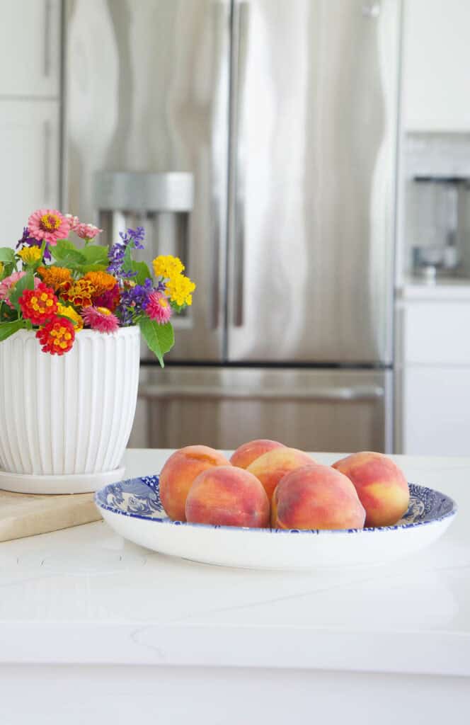 BOWL OF PEACHES ON A KITCHEN COUNTER