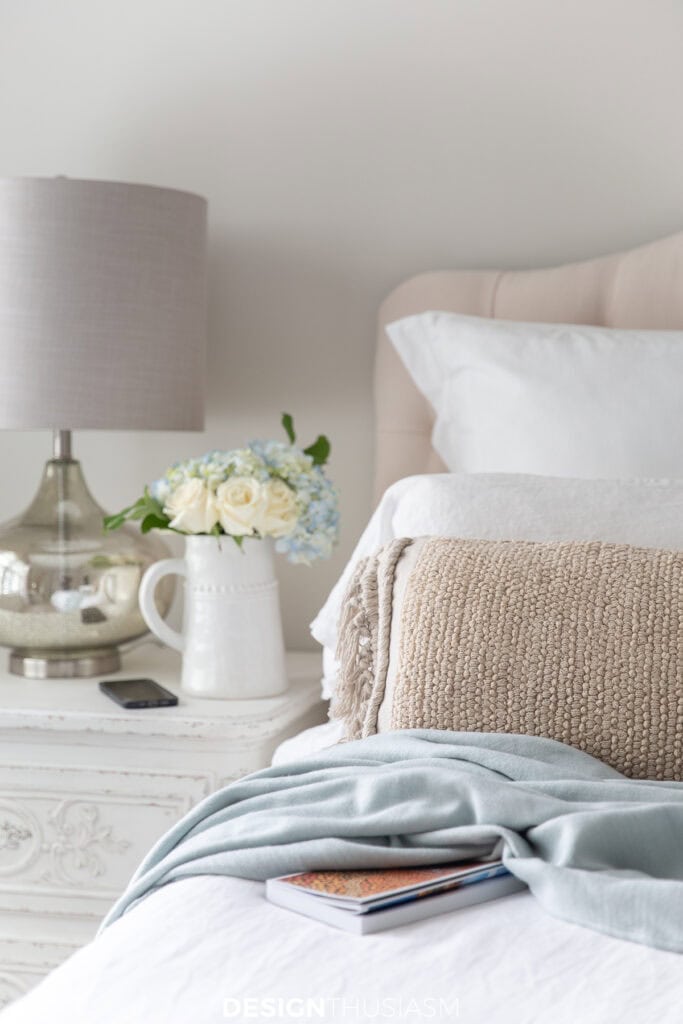 bedroom side table with flowers